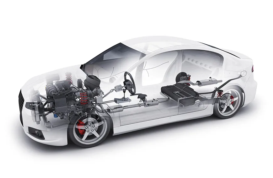 Automotive components like pistons and valves shown in a car cutaway to demonstrate the reach of anodizing solutions.
