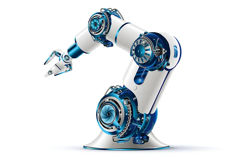 Technical illustration of a robotic arm showing precision components treated with wear-resistant hard anodizing.