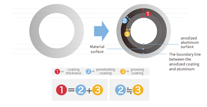 Technical diagram illustrating how anodized coating thickness is the sum of penetrating and growing layers on aluminum.