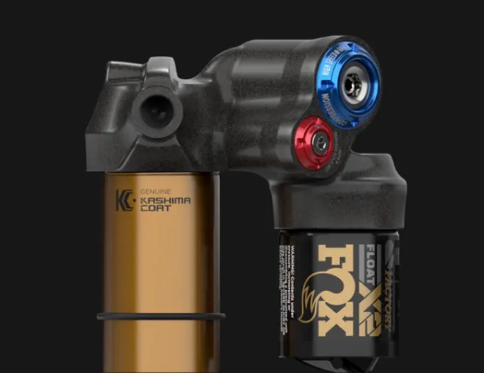 High-performance bicycle suspension with gold Kashima Coat stanchions for reduced friction and high wear resistance.